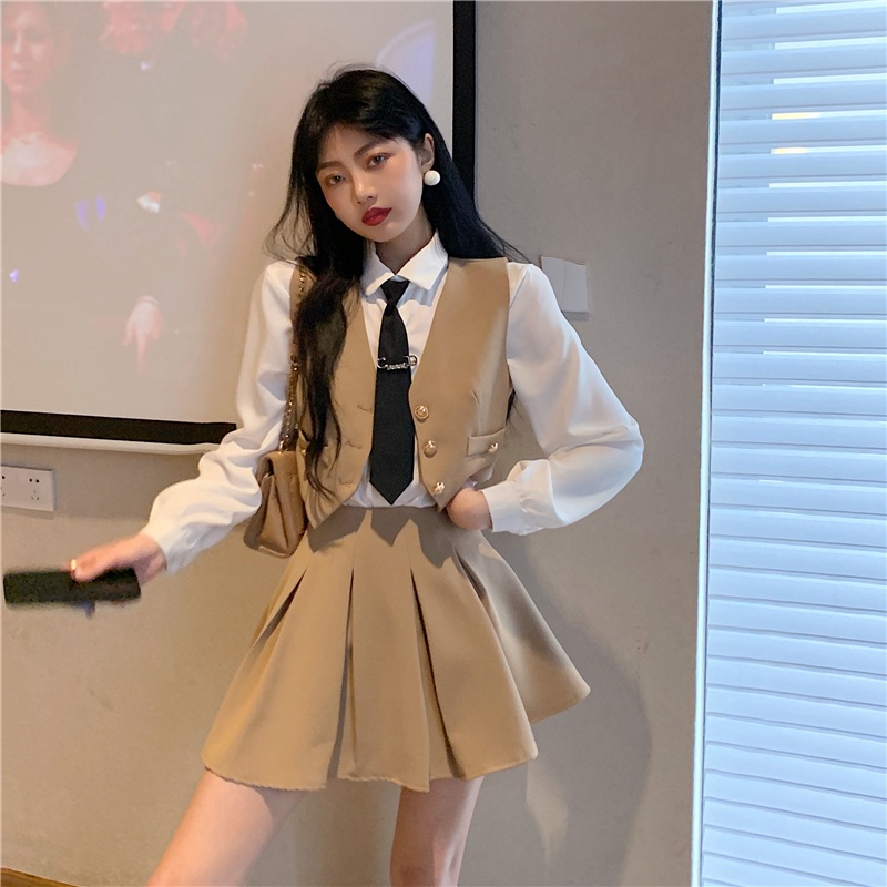 Set áo sơ mi trắng tay dài kèm cà vạt + vest gile croptop không tay + váy ngắn lưng cao xếp ly nâu đen ulzzang