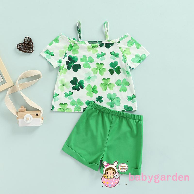 Bộ áo thun tay ngắn in hình cỏ ba lá + quần short màu xanh lá cây trơn thời trang cho bé gái 1-6 tuổi