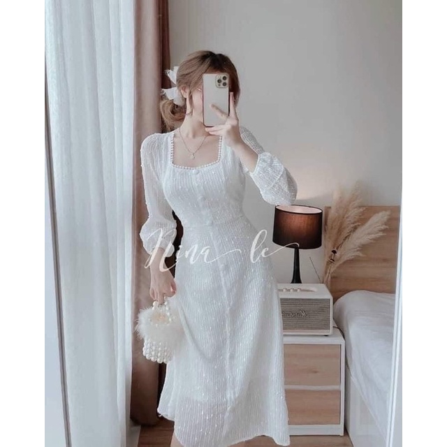 Đầm trắng  dài qua gối đi tiệc, váy dự tiệc đám cưới sang chảnh