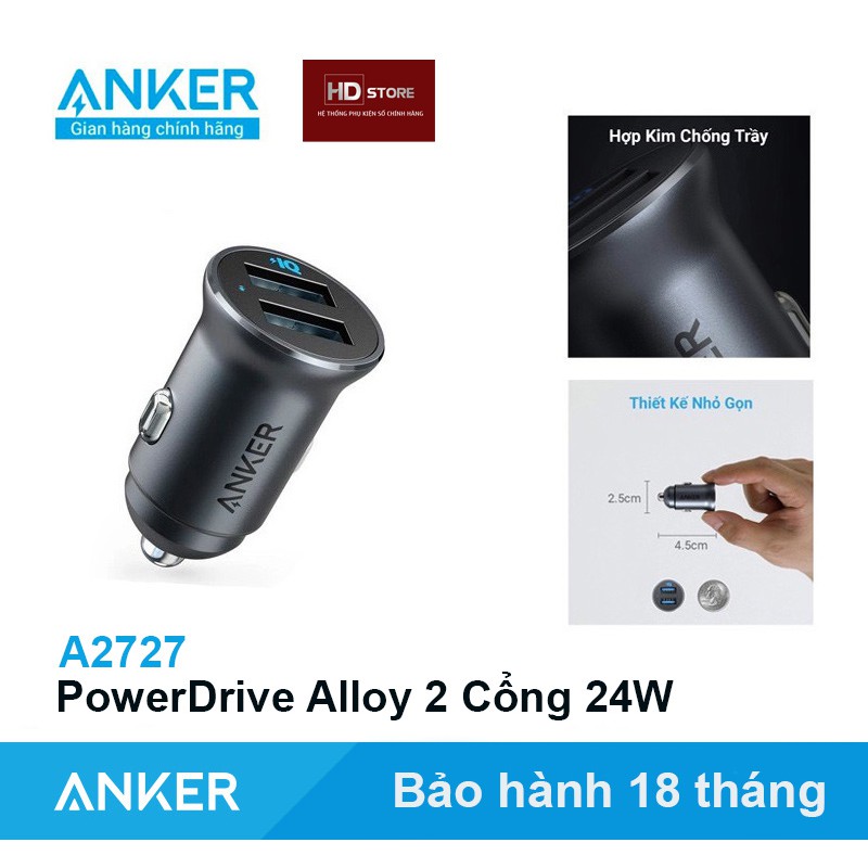 Tẩu Sạc Ô tô ANKER PowerDrive Alloy 2 Cổng 24W - Mã A2727