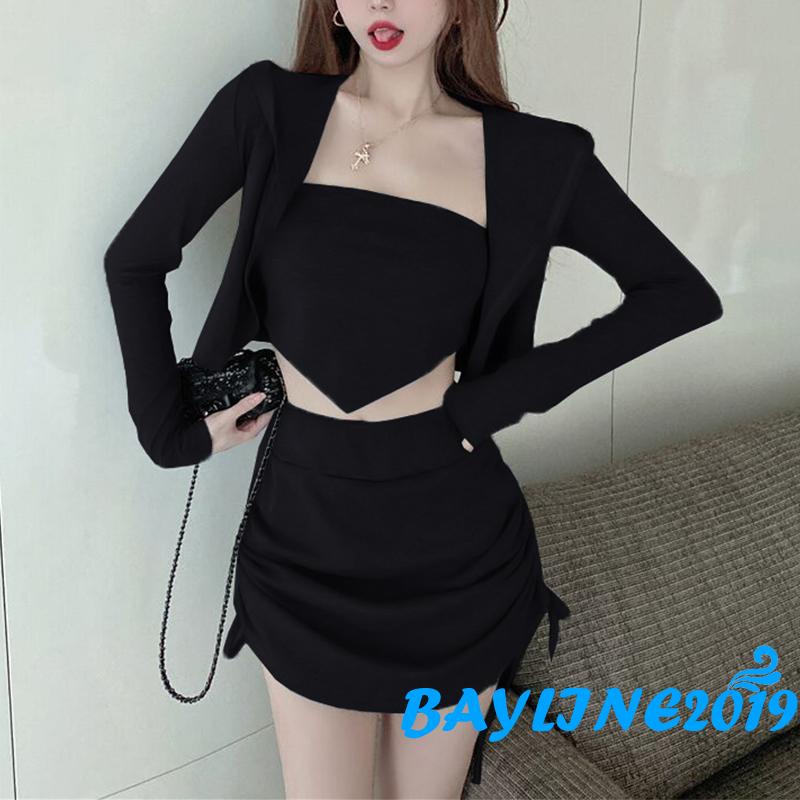 Bay-Women´s Two-Piece Suit, Solid Color Sleeveless Off Shoulder Tube Tops + Side Drawstring Pleated Mini Skirt