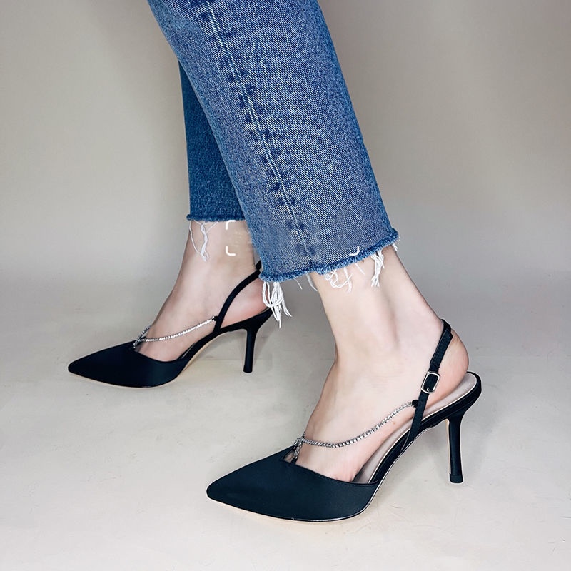 Giày Sandal Cao Gót Phối Dây Xích Đính Đá Phong Cách ck Thời Trang Mùa Hè Dành Cho Nữ~2022