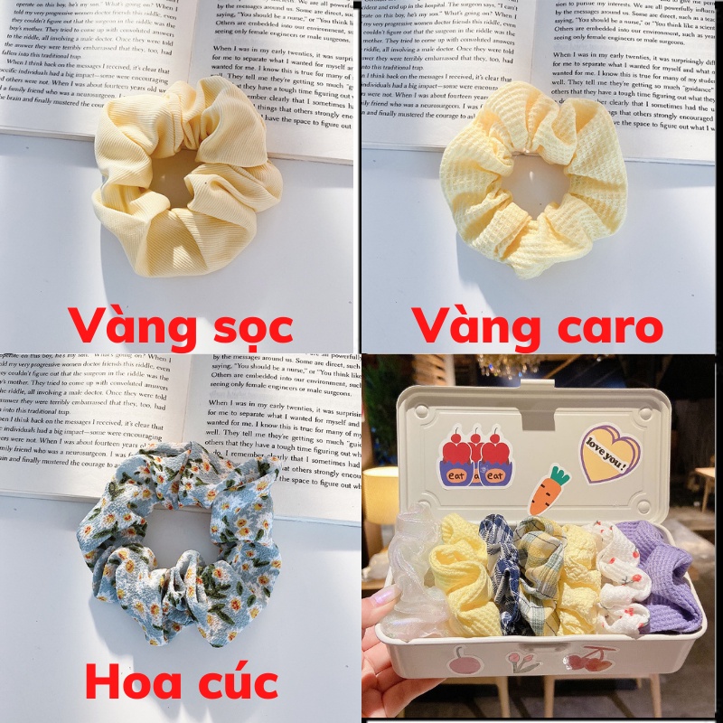 Cột Tóc Vải Scrunchies Họa Tiết Caro Vintage Hàn Quốc,Dây Buộc Tóc Scrunchies Cứng A2-7