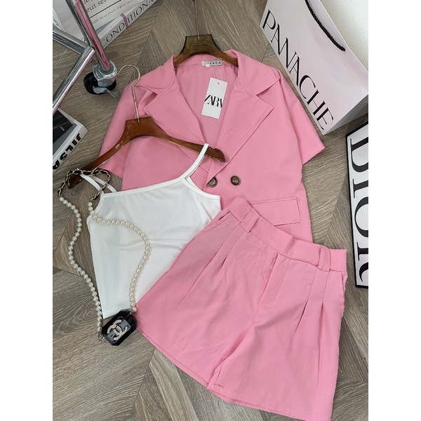 [ 𝐅𝐑𝐄𝐄 𝐒𝐇𝐈𝐏 ]  SÉT VEST HỒNG QUẦN SOOC 3 MÓN