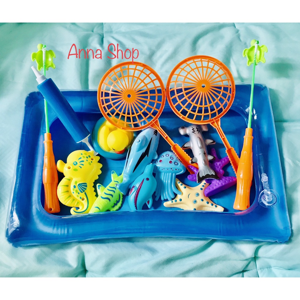 Đồ chơi Câu cá nam châm cho bé trong nước và trên cạn gồm Bể hơi cỡ lớn+Cần câu+Bơm+Cá