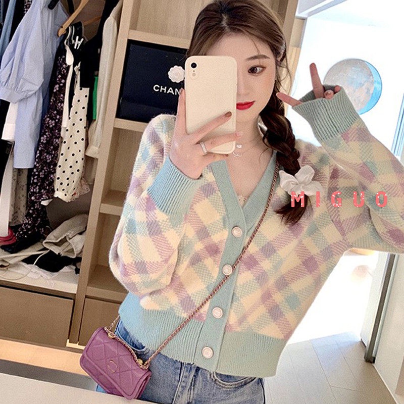 MIGUO Áo len cổ chữ V đính kim cương nhỏ mới phù hợp với mùa thu năm 2021