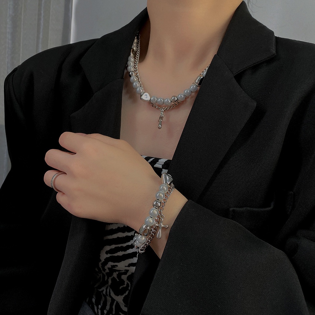 Vòng cổ Thép Titan Mặt Ngọc Trai Phản Quang Phong Cách Âu Mỹ Cho Nữ