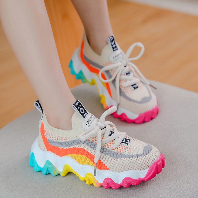 Giày Thể Thao Phối Lưới Màu Cầu Vồng Phong Cách Retro Thời Trang Cho Bé Gái Size 26-37