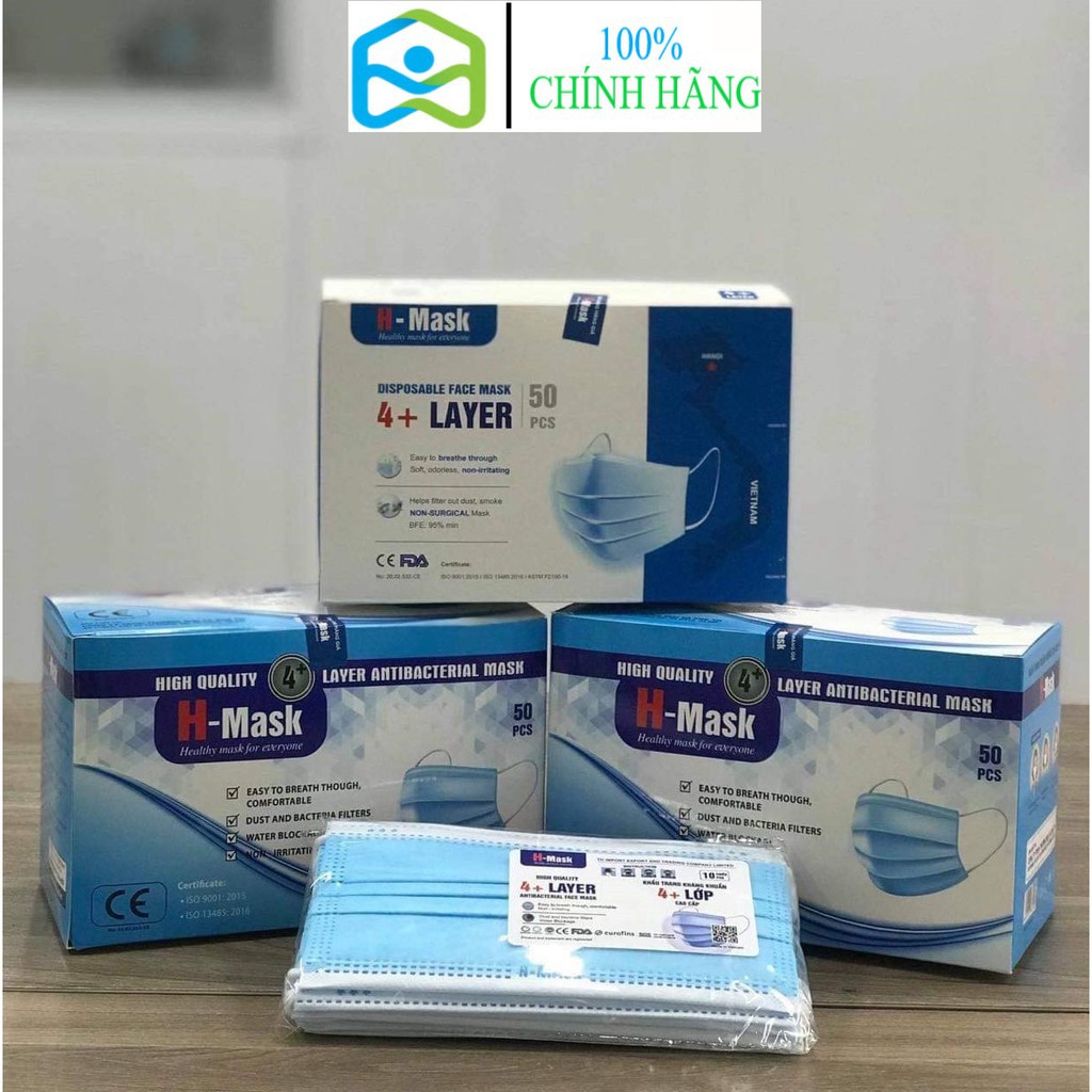 Khẩu trang y tế kháng khuẩn 4 lớp hộp 50 cái, hàng chuẩn xuất Châu Âu, chống bụi, bảo vệ sức khỏe