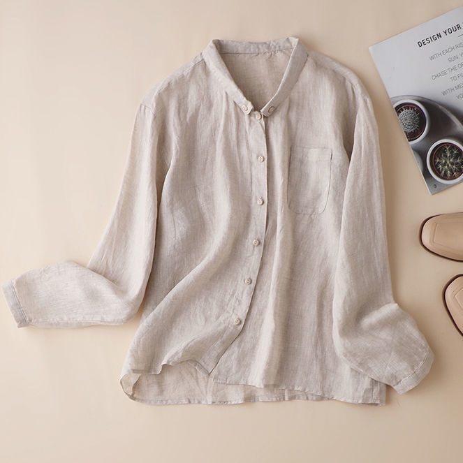 Áo Sơ Mi Cotton Lanh Tay Dài Cổ Đứng Chống Nắng Màu Hồng Thời Trang Mùa Thu 2022