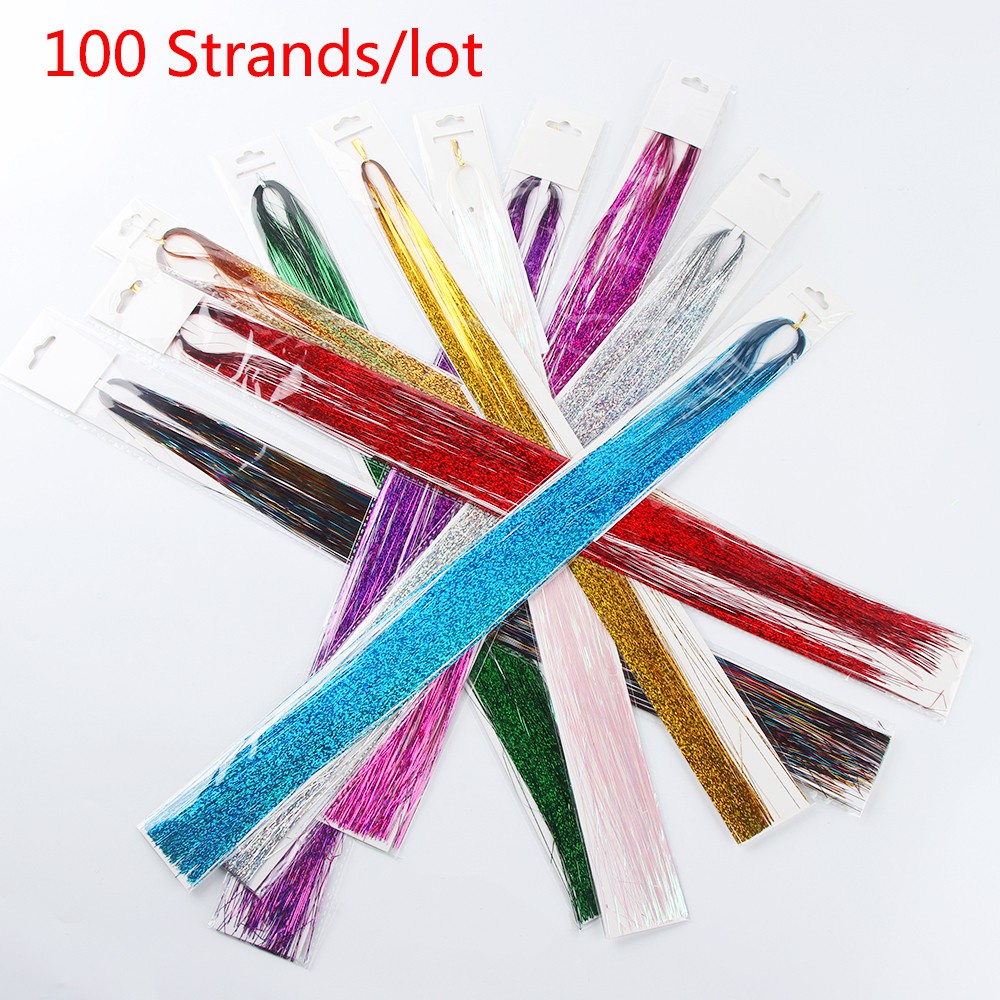 📞TOP💻 100 Strands Hot Sale Hair Tinsel Party Bling Silk Hair Extension Synthetic Hair Sparkly Streak Clubbing Girls Glitter Rainbow  Color