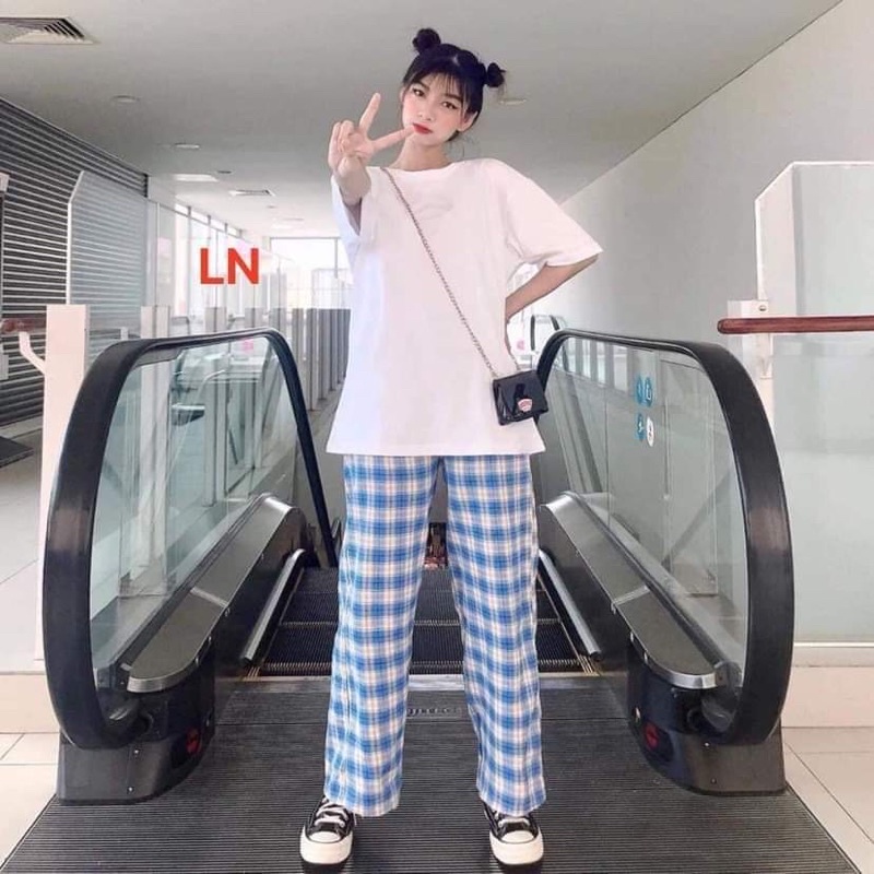 Sét áo thụng trơn + quần kẻ xanh