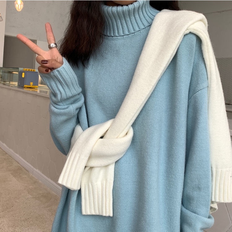 Áo Len Cổ Lọ Dáng Rộng Màu Sắc Đơn Giản Cho Nữ
