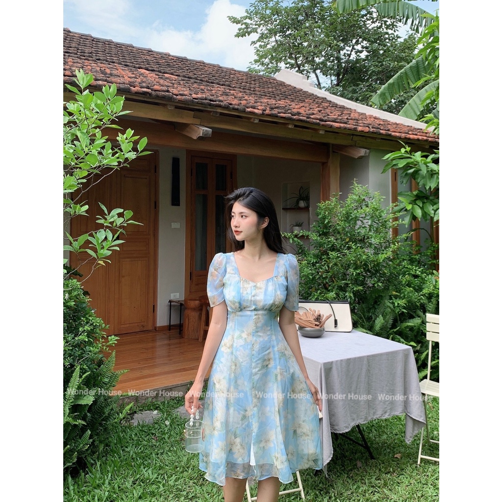 Đầm thiết kế Wonderhouse dáng dài cổ tim vải lụa in dạo phố, công sở dễ thương - Lyly dress