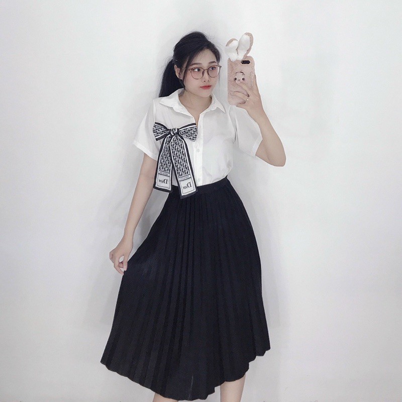 🌙 Suteki Openning: Áo kiểu voan kate cổ nơ sơ mi ngắn tay | BigBuy360 - bigbuy360.vn