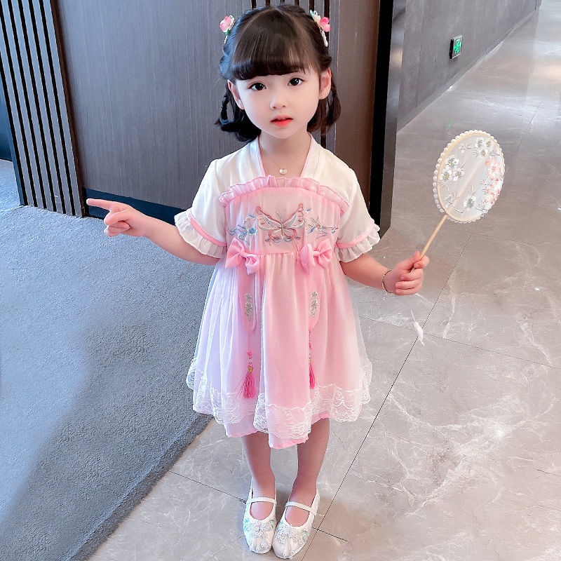 Đầm Công Chúa Hán Phục Tay Ngắn Phối Lưới Thêu Họa Tiết Thời Trang Mùa Hè 2022 Mới Cho Bé Gái