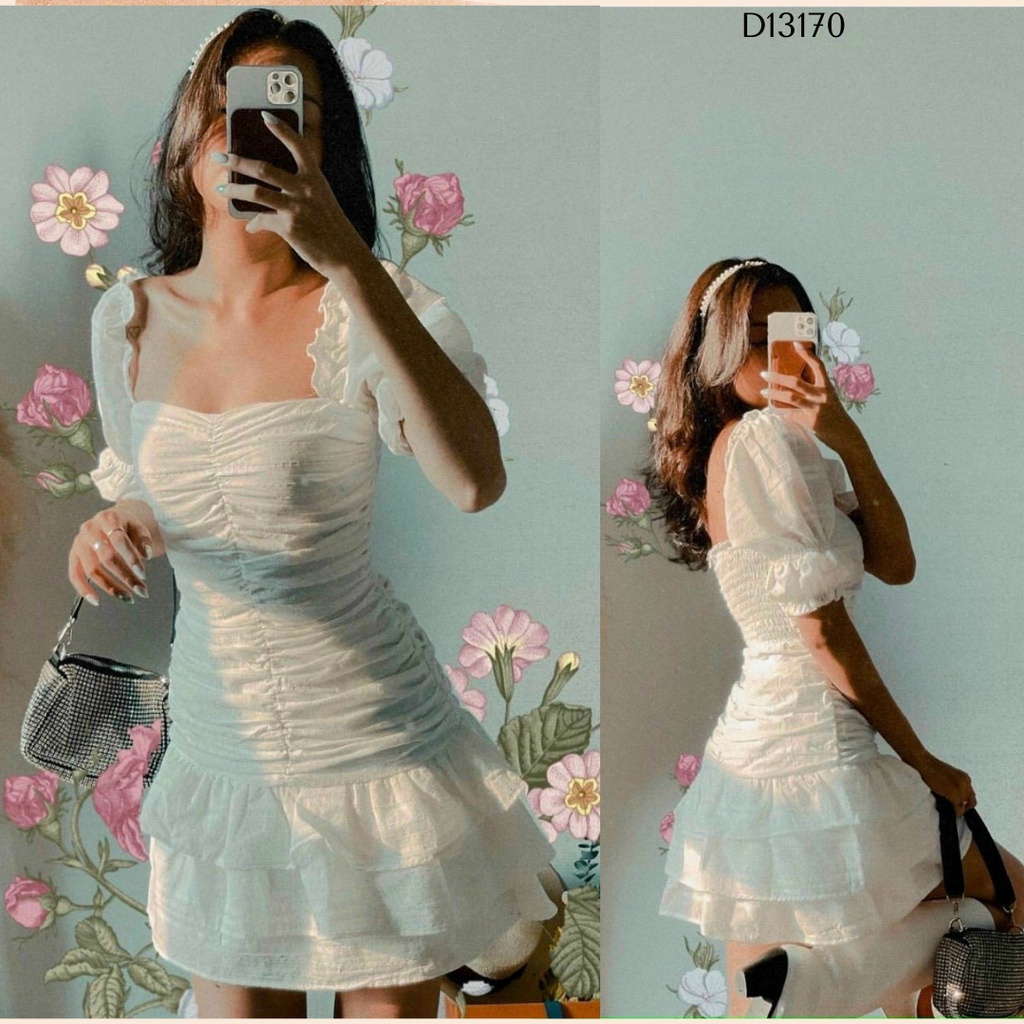 Đầm nữ trắng tay ngắn thân tầng - Váy nữ xòe bồng ba tầng nhún eo - Đầm dự tiệc bèo nhún tầng