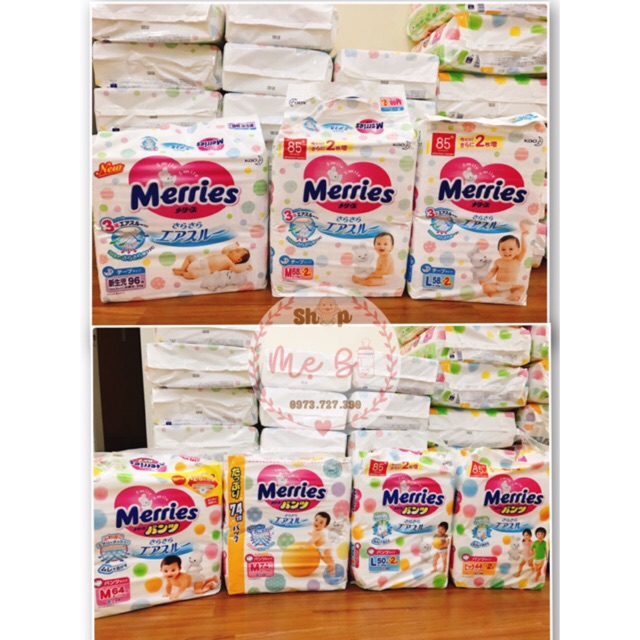 Tã dán Merries hàng nội địa Nhật (hàng cộng miếng) - NB96+2/S82+6/M64+4/L58+2/L54+4