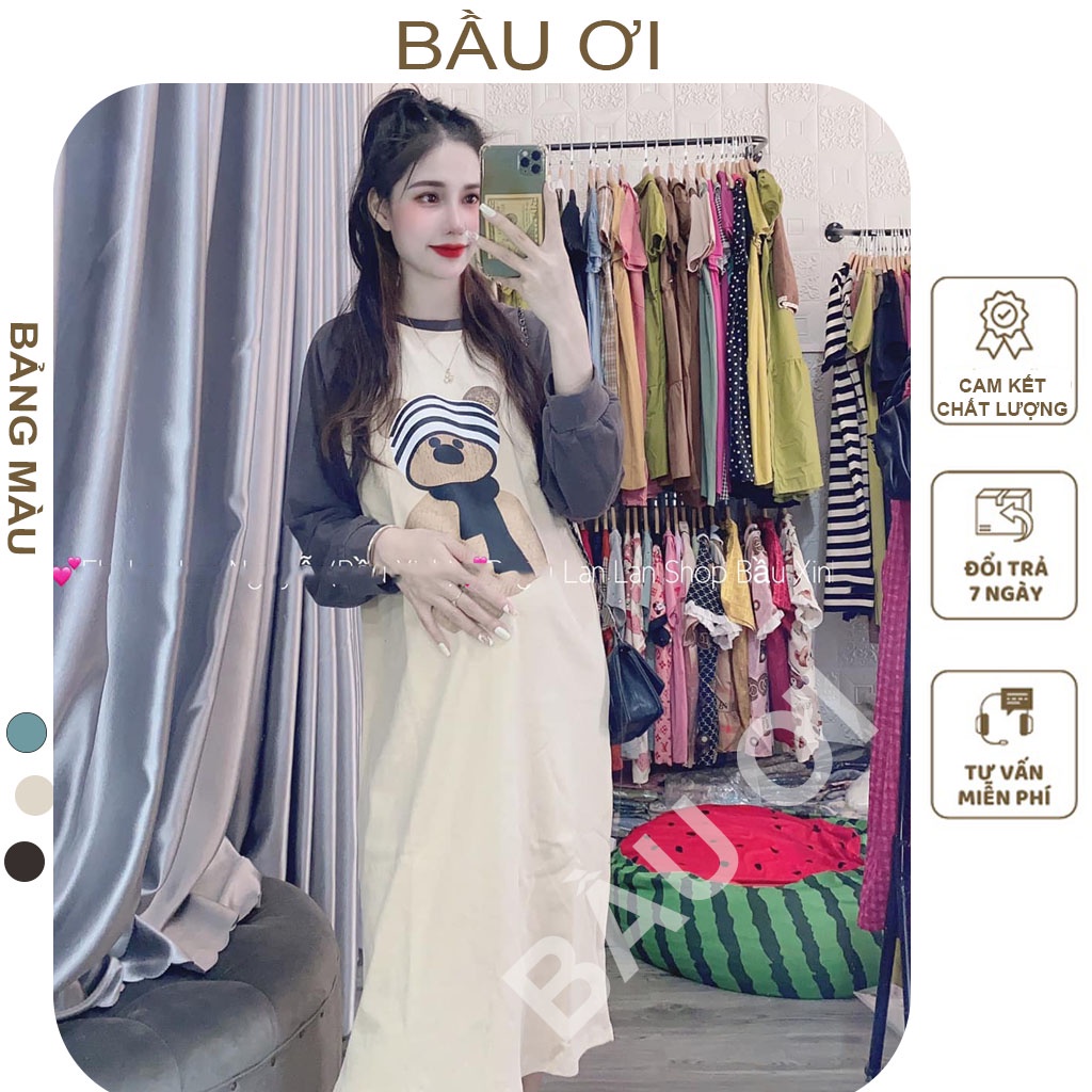 [BAUOII V108] ĐẦM BẦU NỈ DA CÁ DÁNG SUÔNG PHA MÀU CỰC XINH FROM RỘNG FREE SIZE - VÁY BẦU MÙA THU DÀI TAY HỌA TIẾT GẤU