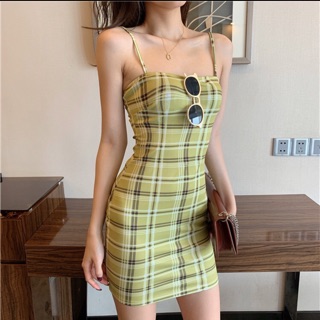 Đầm ôm sát body hai dây sọc caro ngắn nữ xanh - Order taobao quảng châu