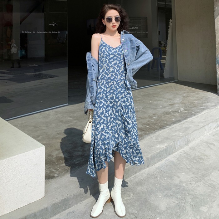 [đầm nữ dài] Váy midi dài 2021, [váy dài nữ] hai dây hoa nhí qua gố xòe đẹp màu đen thời trang công sở | BigBuy360 - bigbuy360.vn