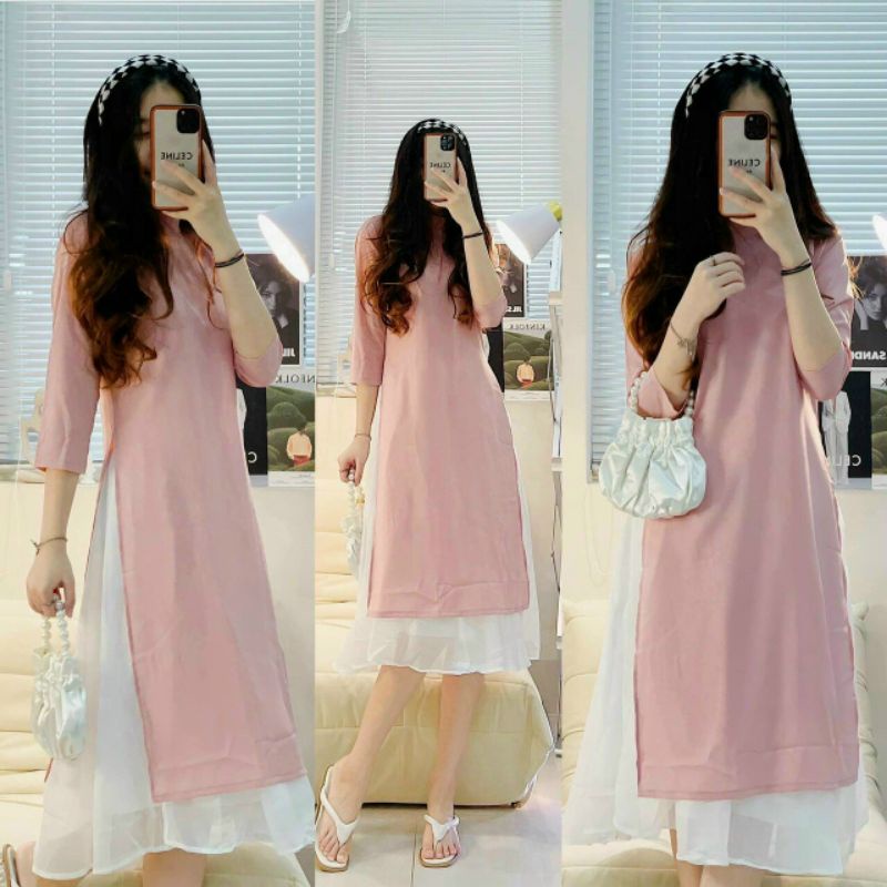 SET ÁO DÀI HỒNG CHÂN VÁY TRẮNG