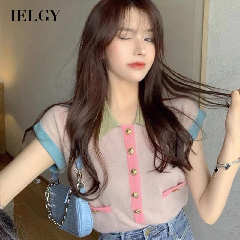 Áo croptop IELGY len mỏng dáng rộng cổ polo phối màu tương phản cho nữ