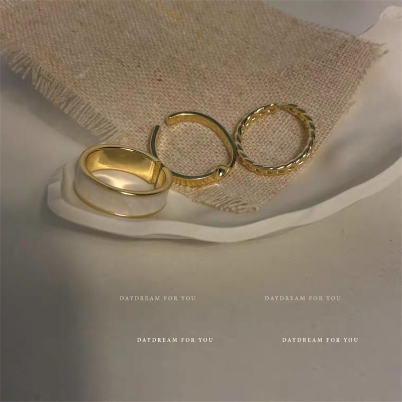 Set 3 Nhẫn Tròn Kim Loại Tráng Men Màu Trắng Phong Cách Bohemian Có Thể Điều Chỉnh Cho Nữ