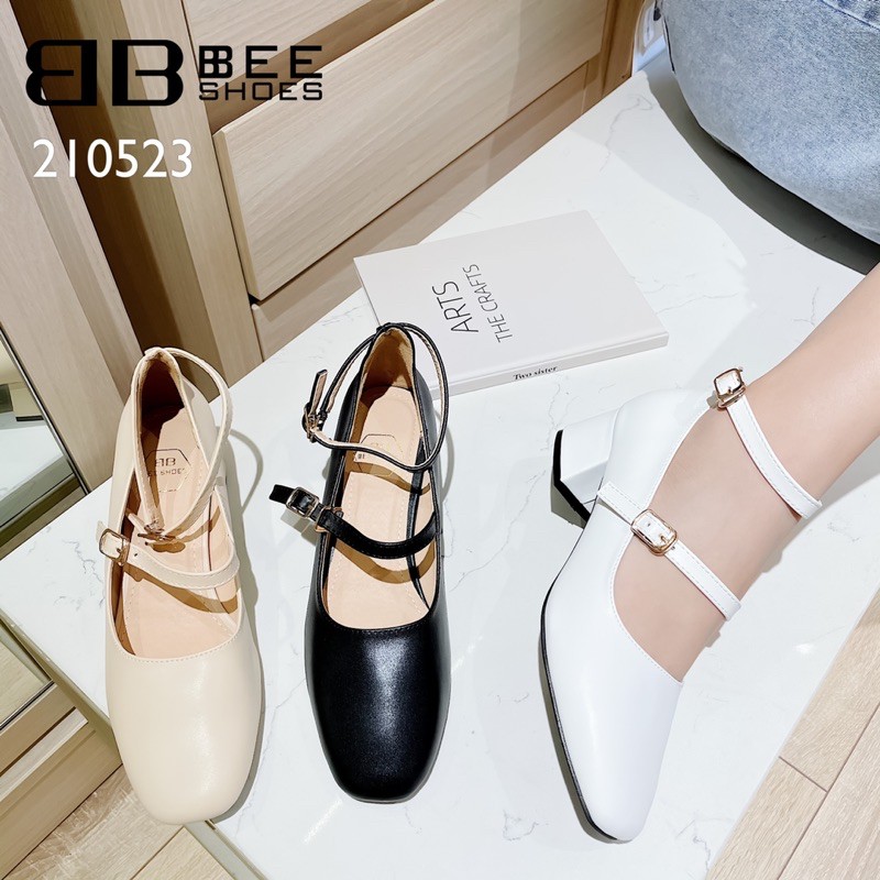BEE SHOES- GIÀY BÚP BÊ NỮ MŨI VUÔNG QUAI NGANG DA MỀM - GIÀY NỮ ĐẾ TRỤ CAO 5 PHÂN SẴN MÀU ĐEN KEM TRẮNG 210523