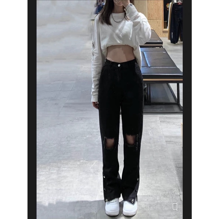 Xiaozhainv Quần Jean Ống Suông Xẻ Tà Thời Trang Retro Hàn Quốc Dành Cho Nữ