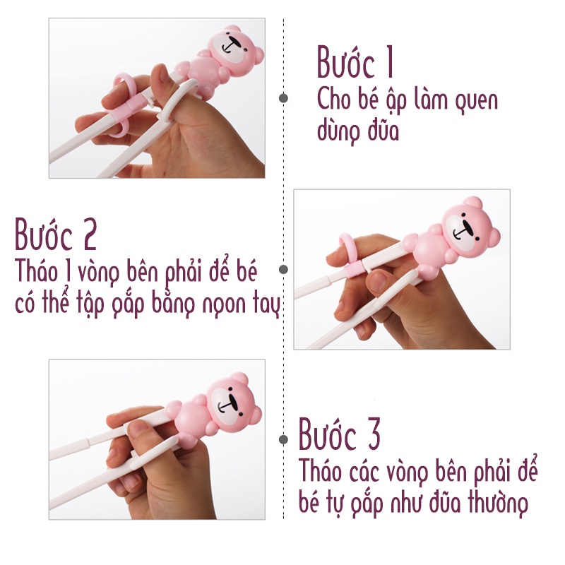 Bộ thìa nĩa đũa tập ăn cao cấp cho bé Unmei 🍖🌸 Set đũa muỗng ăn dặm hình gấu Unmei - Có kèm hộp đựng