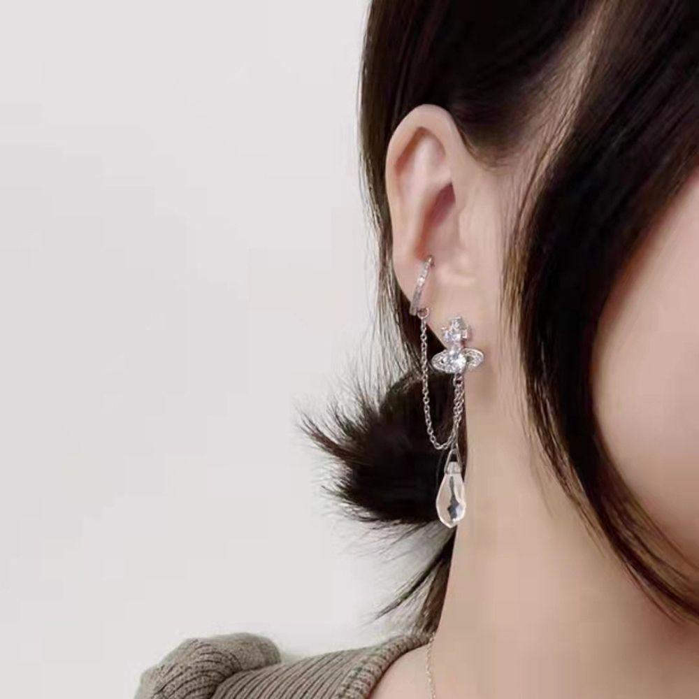 QQMALL Khuyên Kẹp Sụn Tai Dáng Dài Đính Đá Zircon Đơn Giản Cá Tính Phong Cách Hip Hop Hàn Quốc Cho Nữ