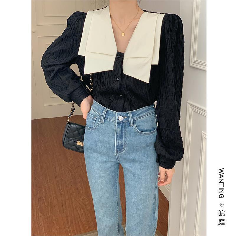 Áo Sơ Mi Cổ V Tay Dài Màu Đen Thời Trang Mùa Xuân Cho Nữ