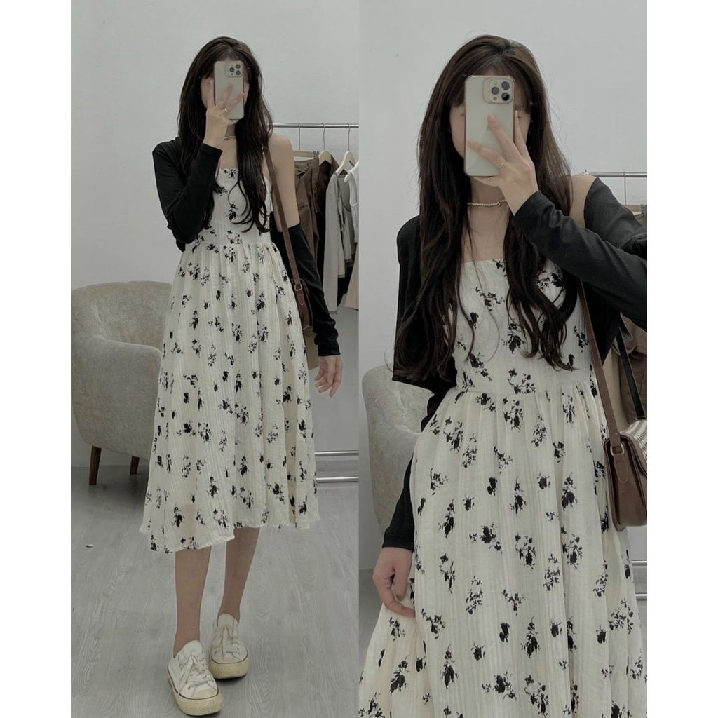 Set váy hai dây thô đũi hoa nhí kèm áo khoác cardigan đen