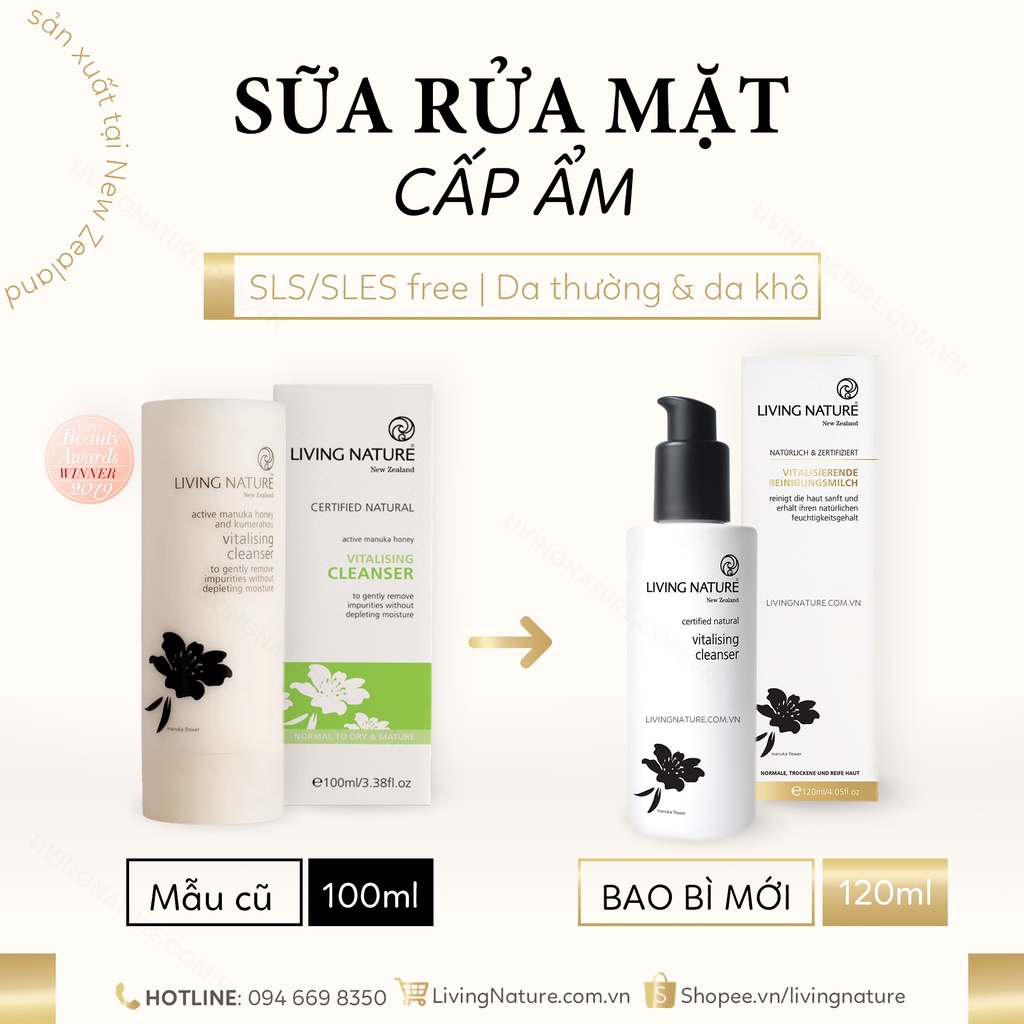[Hỏa tốc] Sữa rửa mặt nhẹ dịu cho da thiên khô Living Nature Vitalising Cleanser 120ml