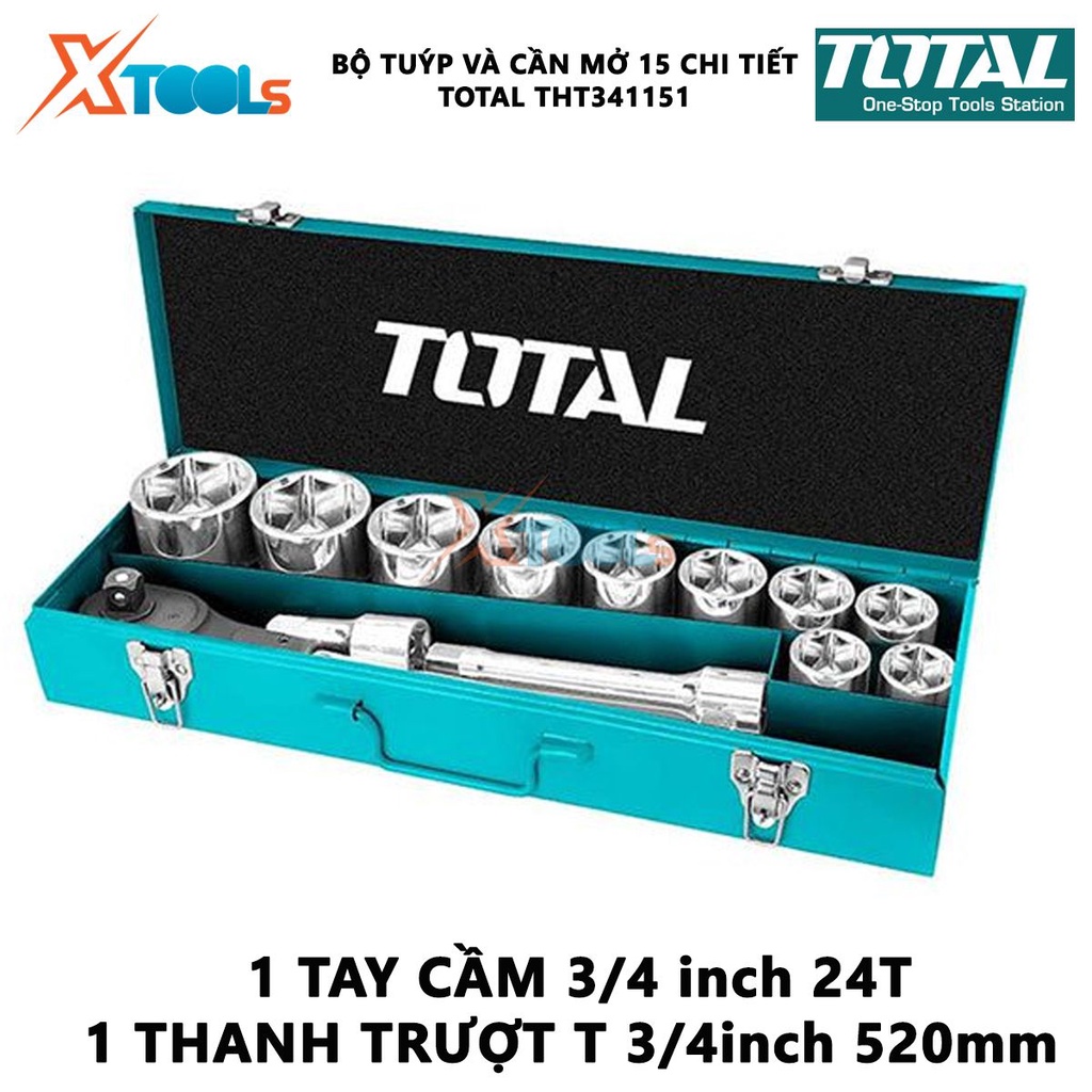 Bộ tuýp và cần mở 15 chi tiết TOTAL THT341151 | Bộ 15 tuýp size 30-32-34-36-38-41-46-50-55-60mm [CHÍNH HÃNG] [XTOOLs]