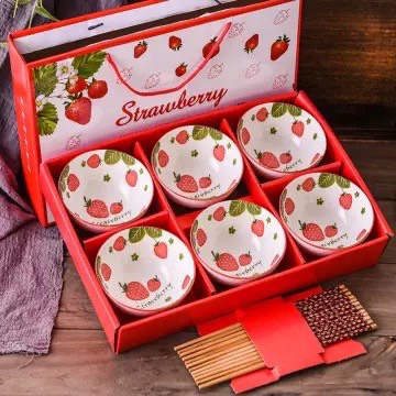 Bộ 6 Bát Gốm Sứ Dâu Tây , Hoa Trà Cao Cấp Phong Cách Bohemia Đóng Hộp Quà Hoạ Tiết Hoa Văn Sắc Sảo