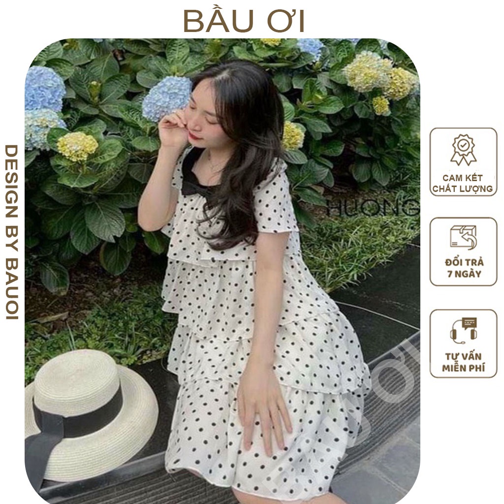 [BAUOIIV33] VÁY BẦU CHẤM BI - NƠ CỔ DÁNG SUÔNG BÈO 3 TẦNG SIÊU - ĐẦM BẦU THỜI TRANG HÀN QUỐC