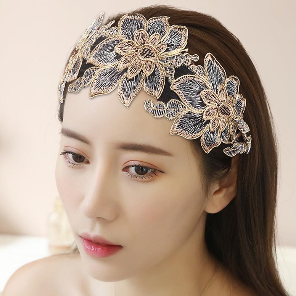 Băng Đô Cài Tóc Bản Rộng Thêu Hoa Răng Cổ Điển Có Thể Điều Chỉnh