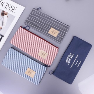 love*Brief Style Grid Stripes Canvas Pencil Bag Stationery Storage Pencil Case Supply