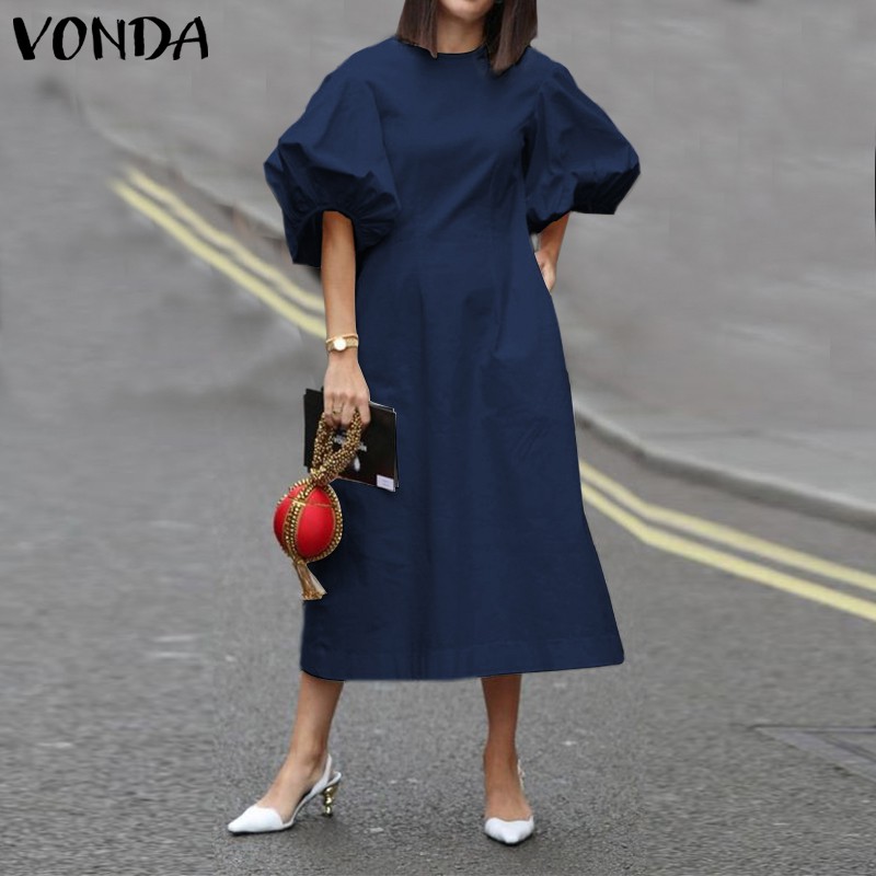 Đầm VONDA tay bo phồng cổ tròn dáng rộng phong cách thời trang mùa hè cho phái đẹp | BigBuy360 - bigbuy360.vn