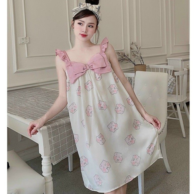 ĐẦM NGỦ 2 DÂY LỤA SATIN PHỐI NƠ NGỰC IN HÌNH SIÊU CUTE FREESIZE 40-60KG (NHIỀU MẪU)