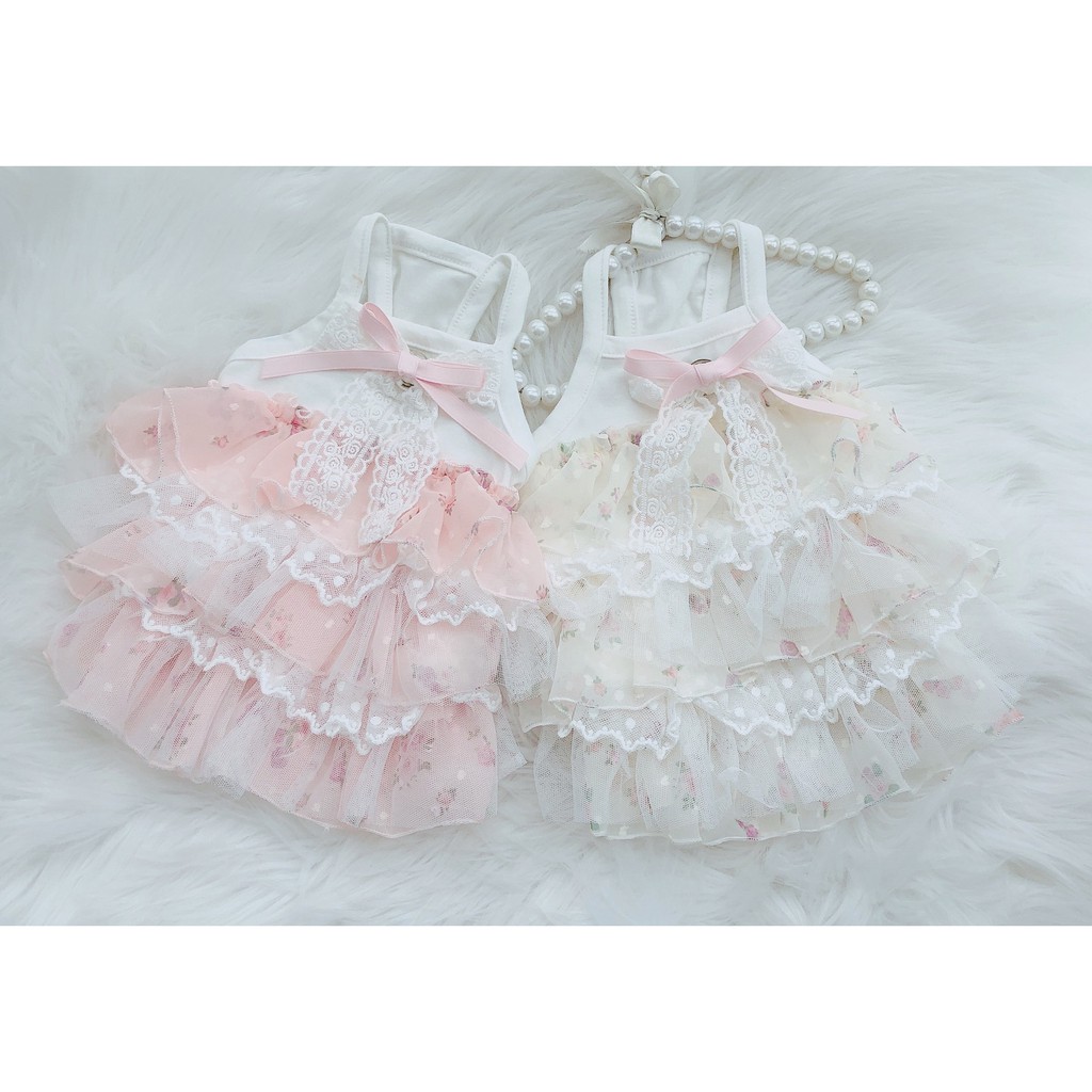 Váy hai dây CAMQUYTSTORE thiết kế voan tầng hoa phối nơ ren cho thú cưng