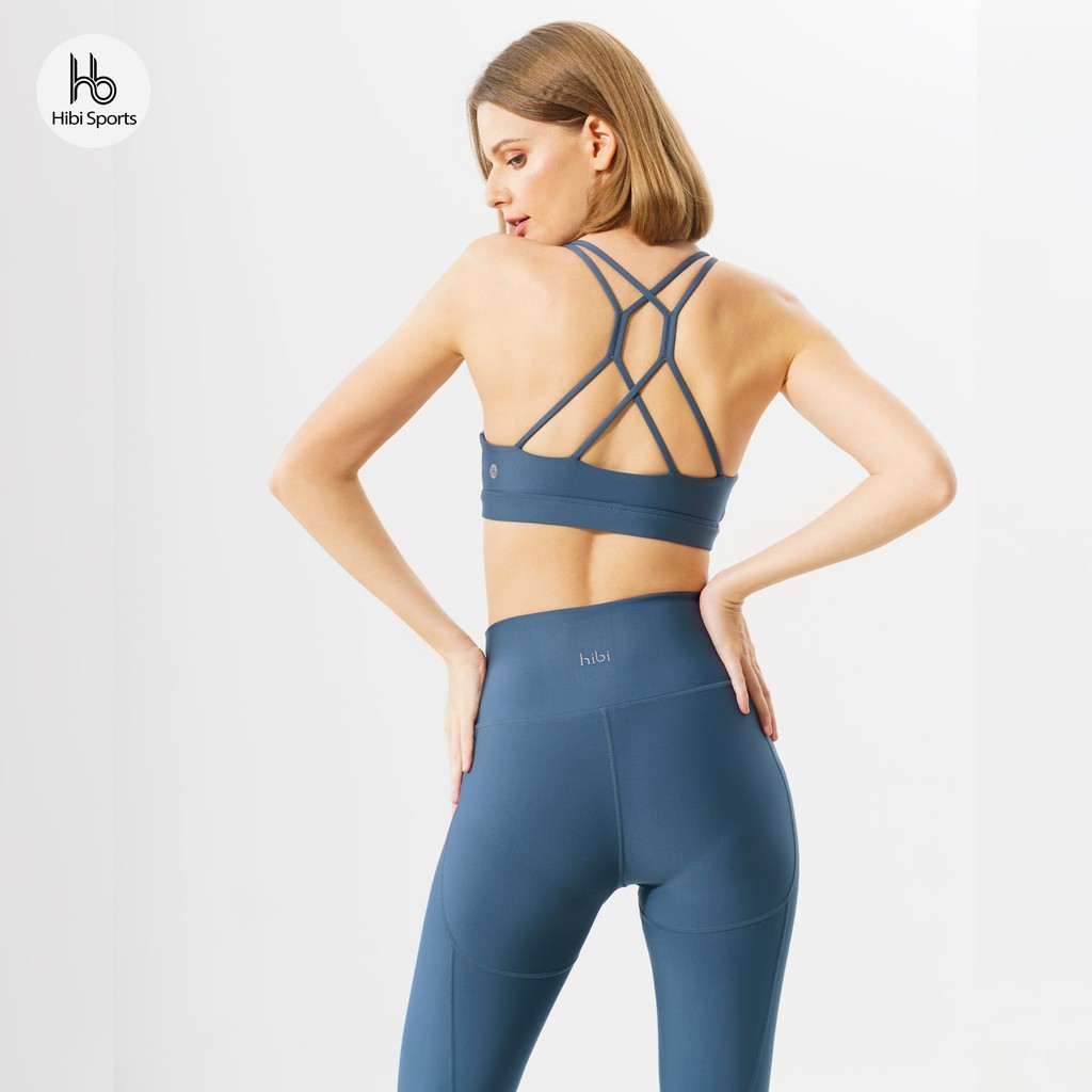 Set đồ tập yoga Luxury Hibi Sports H130 màu tím violet và xanh navy, áo bra thể thao 4 dây đánh đôi, kèm mút nâng ngực