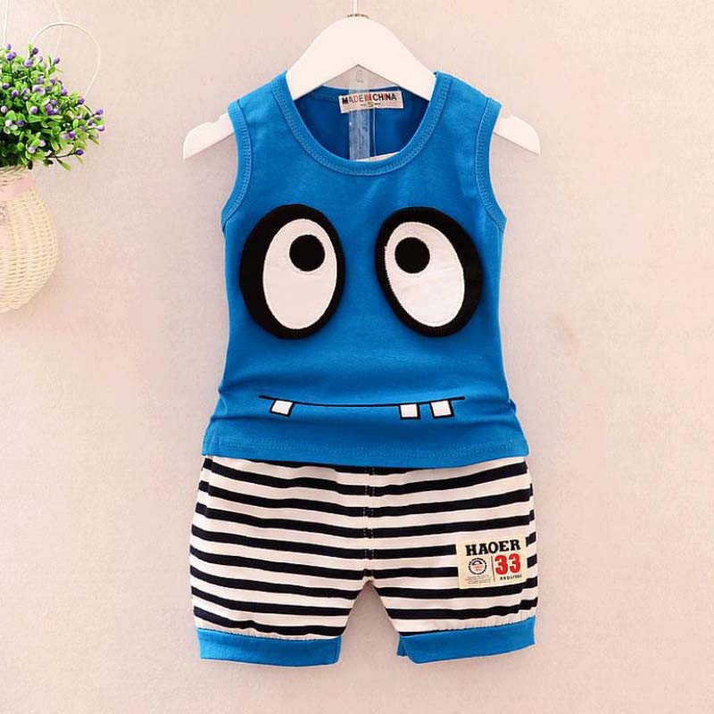 Set áo không tay họa tiết hoạt hình kèm quần phối sọc ngang dễ thương cho bé