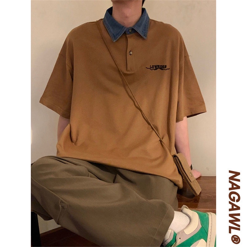 Áo Thun polo Tay Ngắn Dáng Rộng Cổ polo Màu Sắc Tương Phản Phong Cách Retro Dành Cho Nam Và Nữ