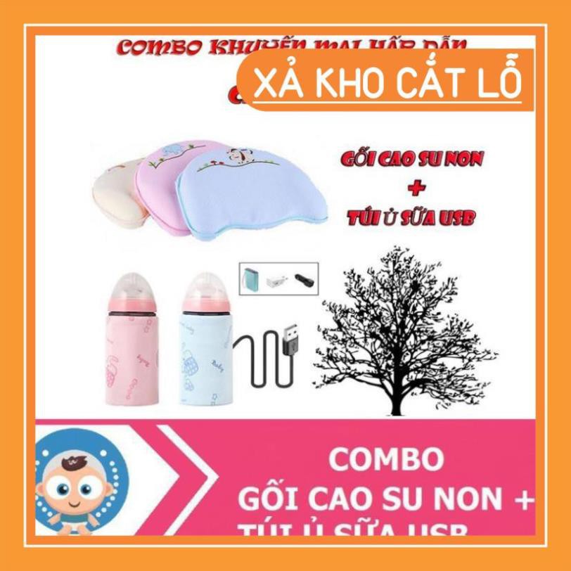 Combo Gối cao su non chống bẹp đầu cho trẻ sơ sinh và túi ủ ấm bình sữa