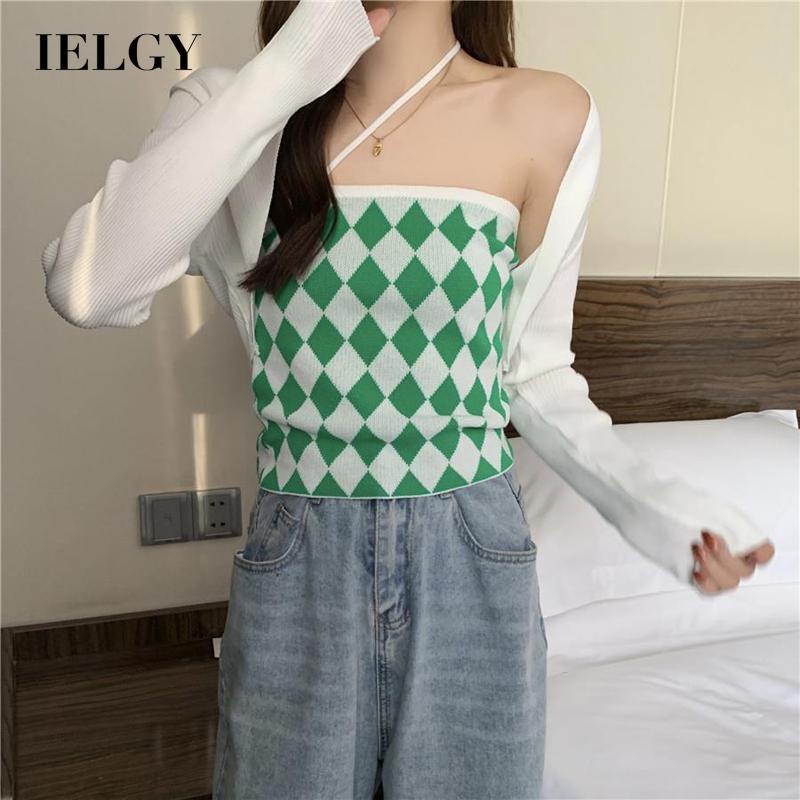 IELGY  Set Áo Hai Dây + Áo Choàng Ngắn Kẻ Caro Riêng Biệt Cho Nữ [Order]