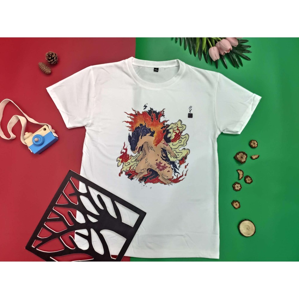 Áo thun nam nữ tay lỡ vải cotton form rộng màu trắng Hạ Băng Designs hình Cyndaquil