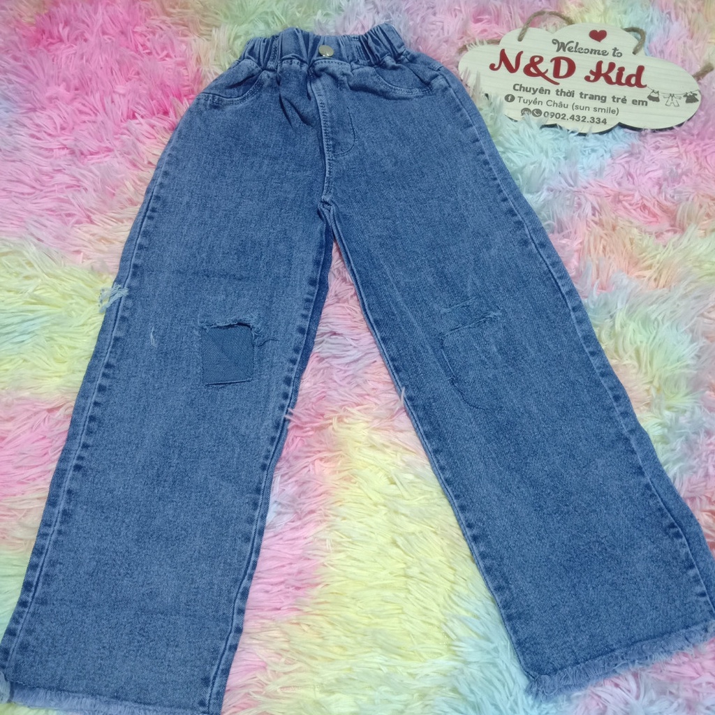 Set Quần Jean Suông Áo Thun Dài Tay Cho Bé Gái 25-35kg - Set Quần Bò Áo Cotton Co Dãn Mềm-Cá Tính - N&D Kids